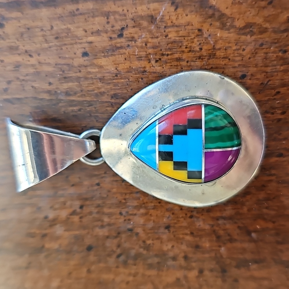 Signed Native American Zuni Inlay Sterling Silver Vintage Pendant
